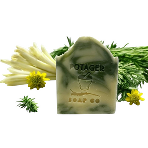 Potager Soap Co. Rosemary Lemongrass artisan soap bar with green clay swirls, fresh rosemary, and lemongrass stalks.