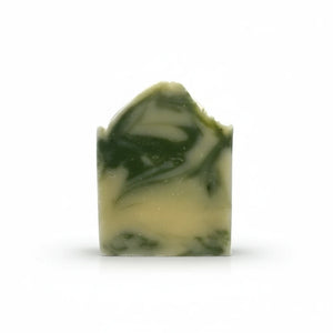 Potager Soap Co. Rosemary Lemongrass artisan soap bar with a marbled green and cream French green clay swirl.