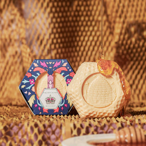 Potager Soap Co. Baudelaire royal jelly honey soap bar with decorative hexagonal box and honey drizzle