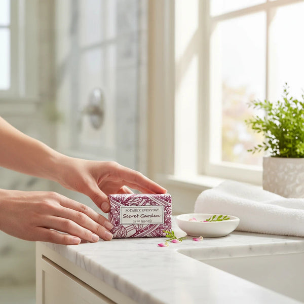 Hands placing a Potager Soap Co. Secret Garden bar soap on a marble bathroom counter with botanical packaging.