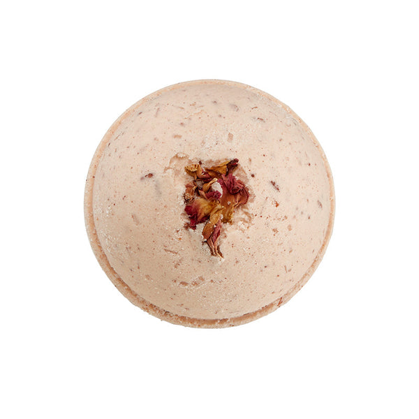 Potager Soap Co. Secret Garden bath bomb with organic rose petals and essential oils on a white background