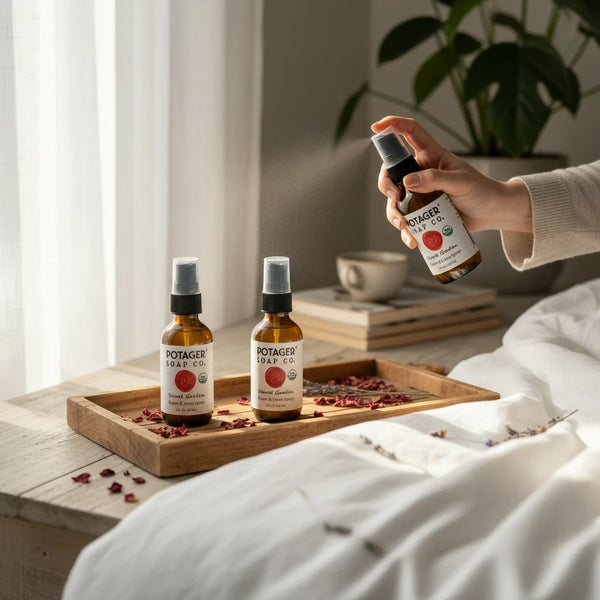 Potager Soap Co. Secret Garden organic room and linen spray in amber glass bottles on a wooden tray with flower petals.