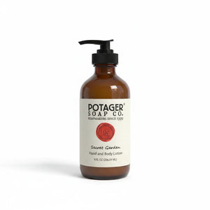 Potager Soap Co. Secret Garden hand and body lotion in an amber glass bottle with a black pump dispenser.