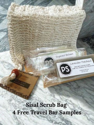 Potager Soap Co. organic botanical shower kit featuring a natural sisal scrub bag and four travel-sized soap samples.