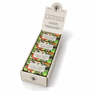 Potager Soap Co. Wavertree & London Basil Lime and Mandarin triple-milled soap bars in a branded display box.
