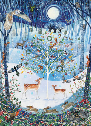 Potager Soap Co. Winter Woodland 500-piece jigsaw puzzle featuring a moonlit snowy forest with deer and wildlife.