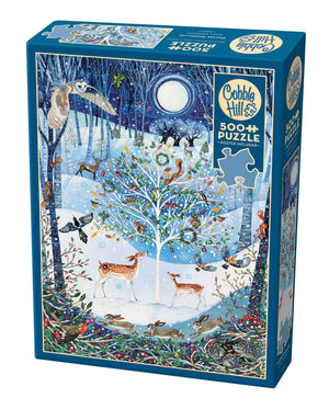 Potager Soap Co. Winter Woodland 500-piece jigsaw puzzle box featuring a moonlit forest scene with deer and birds.