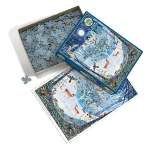 Potager Soap Co. Winter Woodland 500-piece jigsaw puzzle featuring a moonlit forest scene with deer and birds.