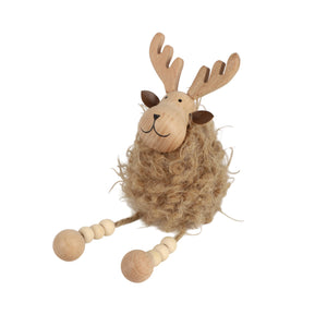 Potager Soap Co. rustic reindeer ornament with a carved wood head, faux fur body, and dangling beaded legs.