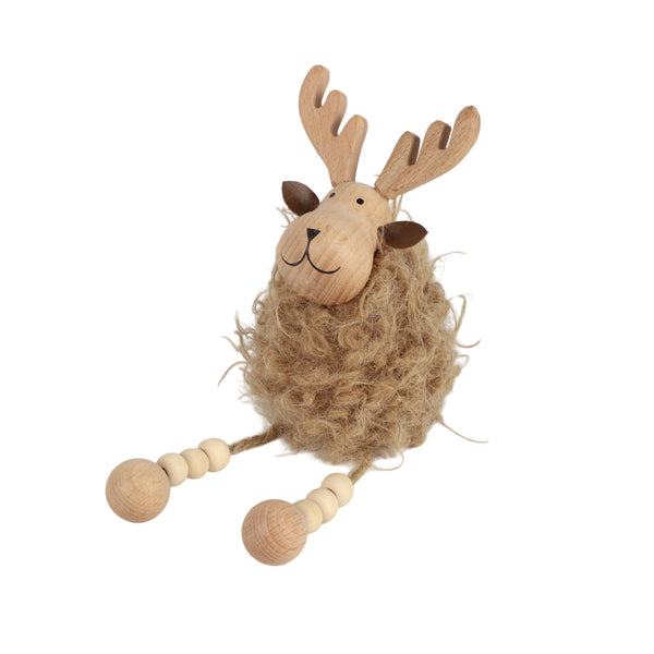 Potager Soap Co. rustic reindeer ornament with a carved wood head, faux fur body, and dangling beaded legs.