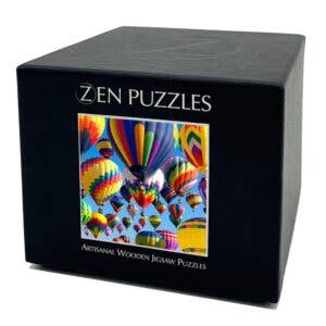 Potager Soap Co. ZEN PUZZLES wooden jigsaw puzzle box featuring a vibrant hot air balloon scene