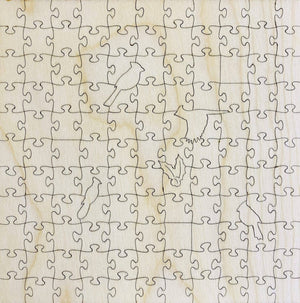 Potager Soap Co. wooden jigsaw puzzle featuring precision-cut interlocking pieces with bird-shaped whimsy designs.