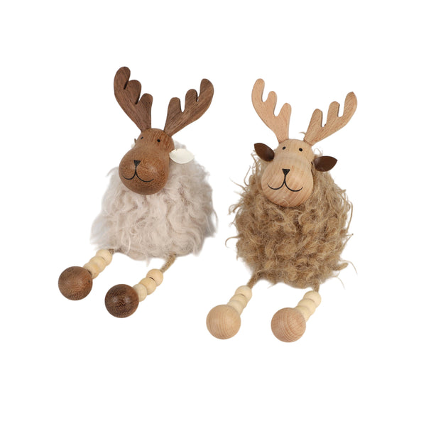 Potager Soap Co. set of two rustic reindeer ornaments with carved wood heads, faux fur bodies, and dangling bead legs.