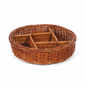 Potager Soap Co. round brown woven wicker basket with four internal compartments for spa gift set organization