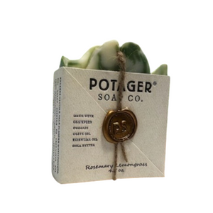 Potager Soap Co. Rosemary Lemongrass bar soap in eco-friendly paper packaging with a wax seal, set on a wooden board.
